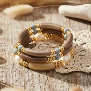 Stacked Acrylic Bracelets w/ Pearls Chunky Retro Y2K Look Boho Luxe Vibe